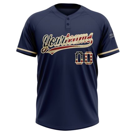 Custom Name and Number Vintage USA Flag Softball Jersey - Personalized Navy Cream Unisex Two-Button Team Jersey Personalized