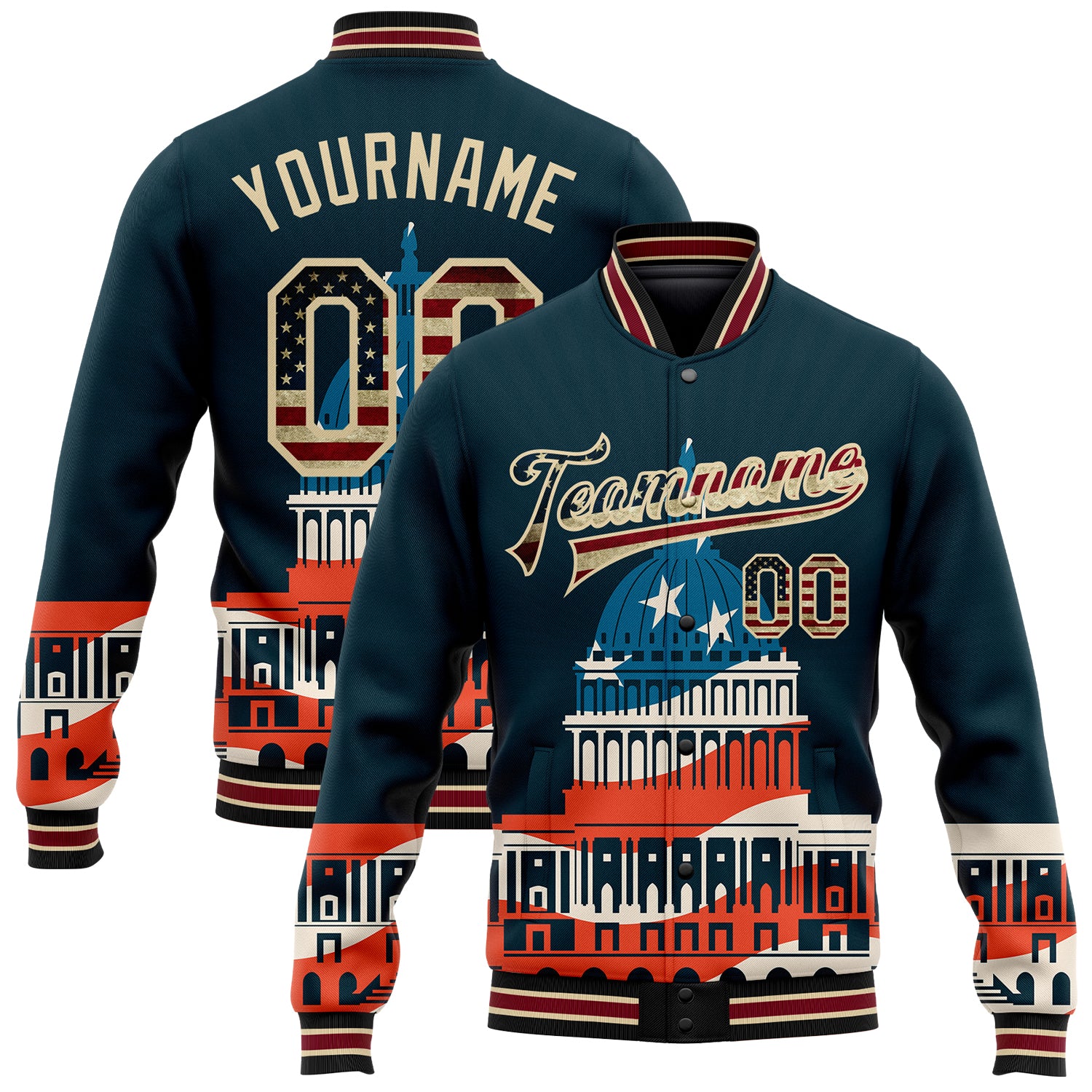 Custom Name and Number Vintage USA Flag Bomber Jacket - 3D Pattern Design of United States Congress Building, Varsity Style Full-Snap