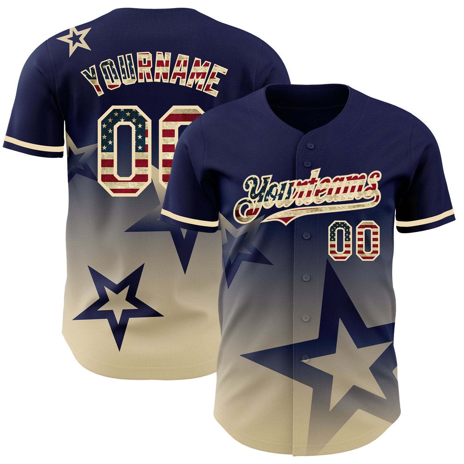 Personalized Navy Vintage USA Flag Baseball Jersey with Custom Name & Number - 3D Twinkle Star Gradient Design Personalized