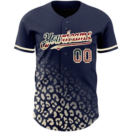 Custom Name & Number Vintage USA Flag Baseball Jersey - Navy Leopard Print 3D Pattern Design Fashion Authentic Personalized