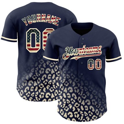 Custom Name & Number Vintage USA Flag Baseball Jersey - Navy Leopard Print 3D Pattern Design Fashion Authentic Personalized