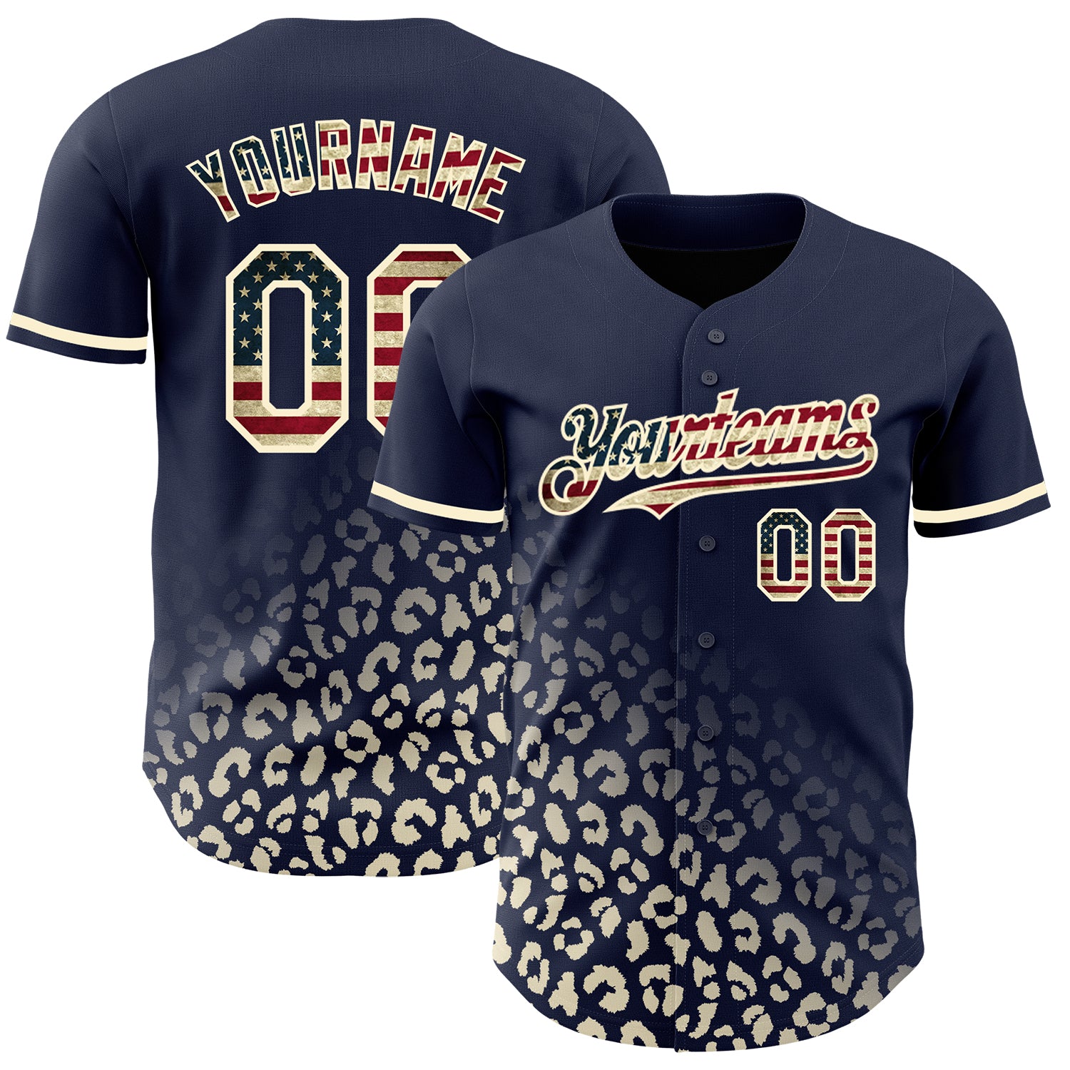Custom Name & Number Vintage USA Flag Baseball Jersey - Navy Leopard Print 3D Pattern Design Fashion Authentic Personalized