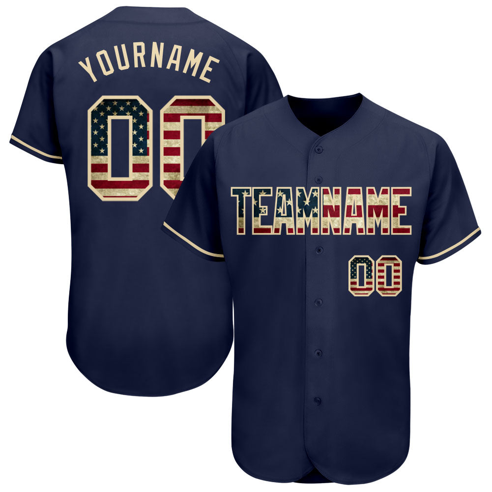 Personalized Navy Vintage USA Flag Baseball Jersey - Cream Authentic Design Personalized Navy Vintage USA Flag-Cream Authentic