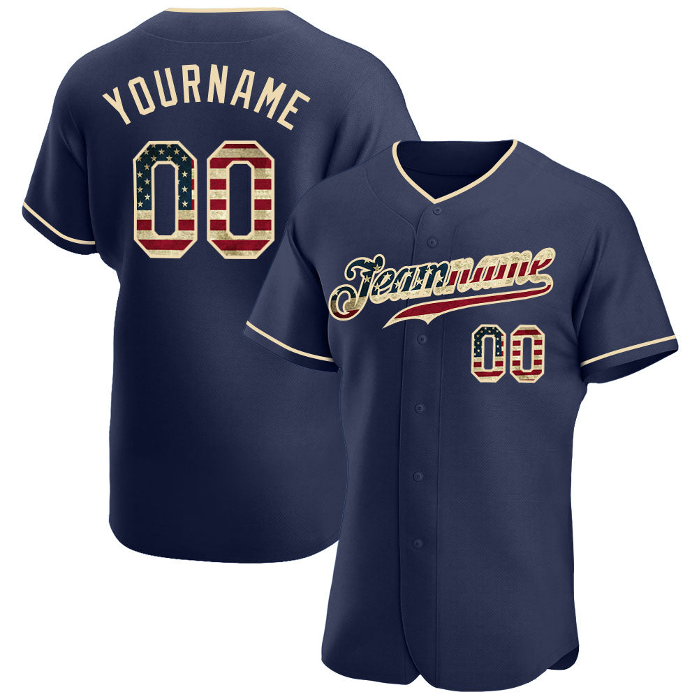 Custom Navy Vintage USA Flag Baseball Jersey - Personalized Cream Team Name & Number Personalized Navy Vintage USA Flag-Cream