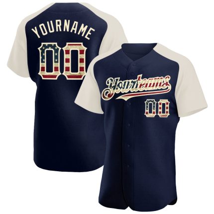 Custom Name Number Vintage USA Flag Baseball Jersey Raglan Sleeves Navy Cream Authentic Personalized Navy Vintage USA Flag-Cream