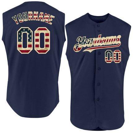 Personalized Vintage USA Flag Sleeveless Baseball Jersey in Navy and Cream Personalized Navy Vintage USA Flag-Cream Authentic