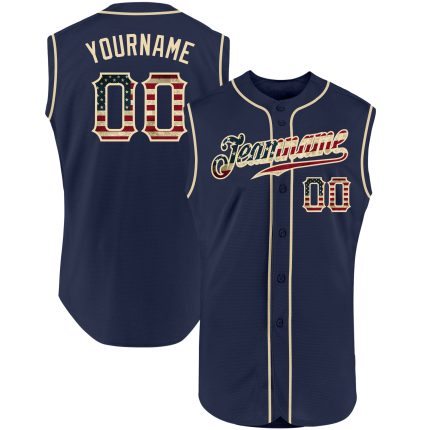 Custom Name & Number Vintage USA Flag Baseball Jersey - Cream Sleeveless Navy Team Design Personalized Navy Vintage USA Flag-Cream