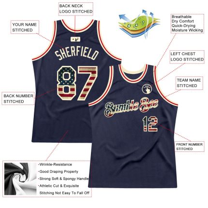 Custom Vintage USA Flag Basketball Jersey Personalized Name Number - Navy Cream Authentic Throwback Team Apparel Personalized