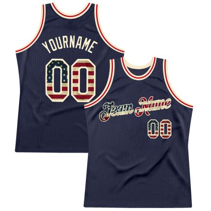 Custom Vintage USA Flag Basketball Jersey Personalized Name Number - Navy Cream Authentic Throwback Team Apparel Personalized