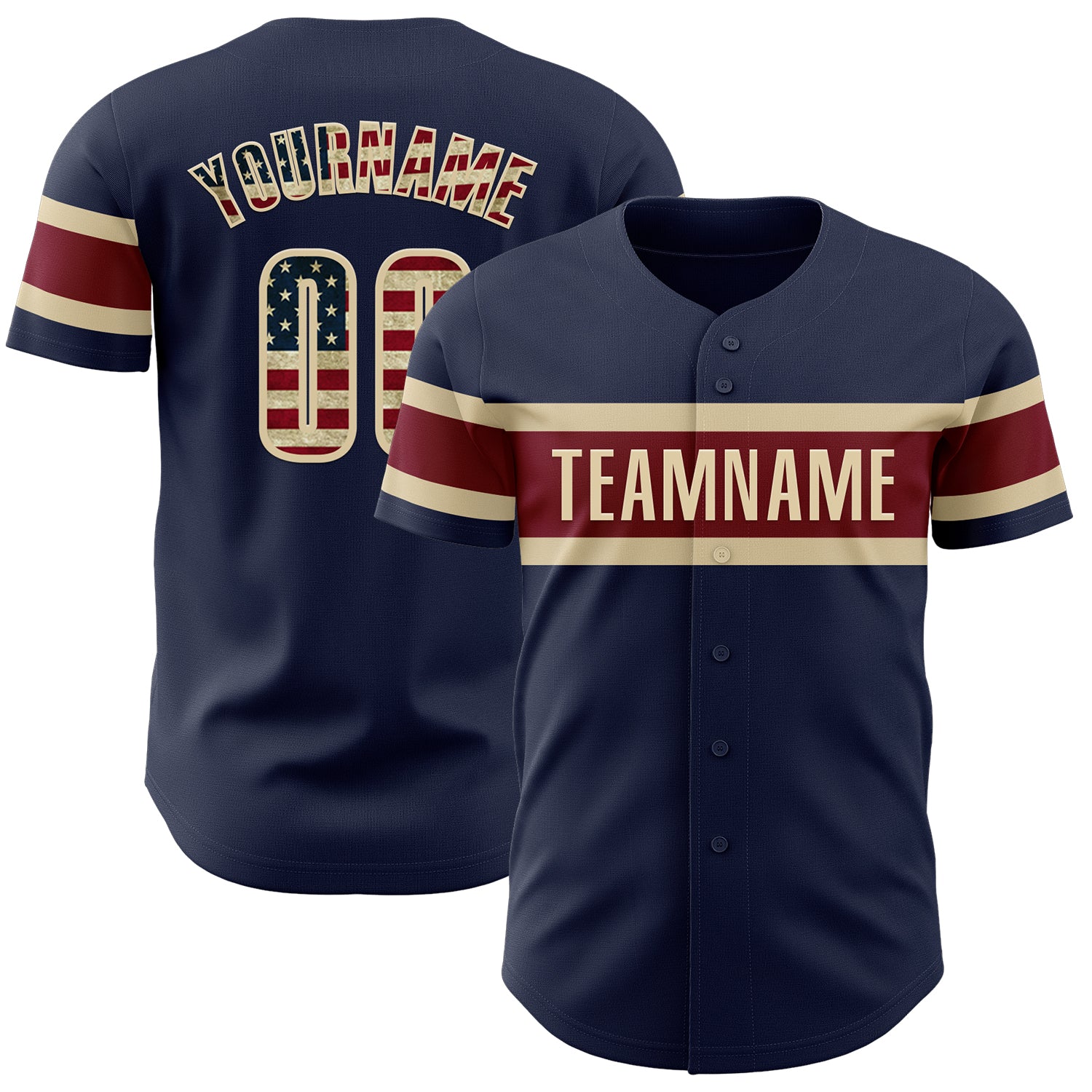 Custom Name and Number Vintage USA Flag Baseball Jersey - Personalized Navy Cream-Crimson Team Apparel Personalized Navy