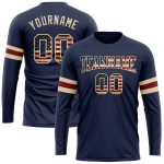 Personalized USA Flag Long Sleeve Performance T-Shirt with Custom Name and Number, Navy Vintage Cream-Crimson Design Personalized