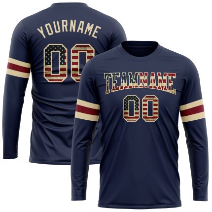 Personalized USA Flag Long Sleeve Performance T-Shirt with Custom Name and Number, Navy Vintage Cream-Crimson Design Personalized