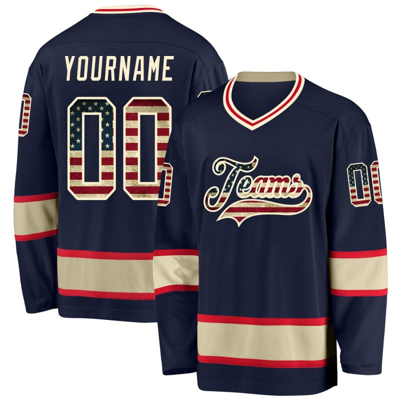 Personalized Vintage USA Flag Hockey Jersey Custom Name & Number - Navy Cream Team Apparel Personalized Navy Vintage USA