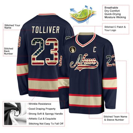 Personalized Vintage USA Flag Hockey Jersey Custom Name & Number - Navy Cream Team Apparel Personalized Navy Vintage USA