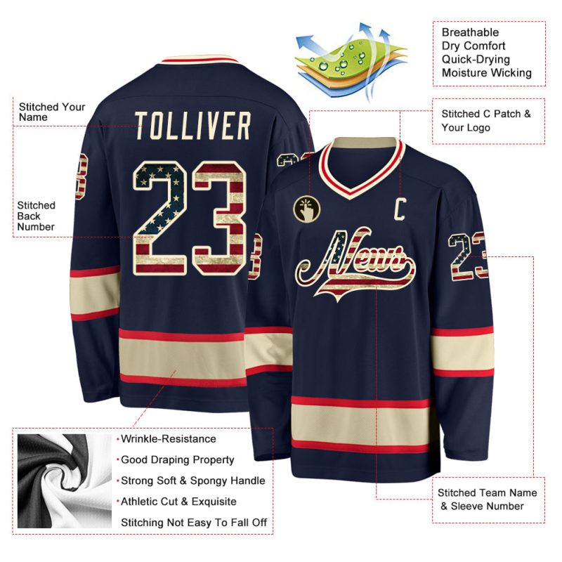 Personalized Vintage USA Flag Hockey Jersey Custom Name & Number - Navy Cream Team Apparel Personalized Navy Vintage USA