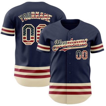 Personalized Vintage USA Flag Baseball Jersey - Custom Name & Number, Navy Cream-Maroon Line Team Jersey Personalized Navy