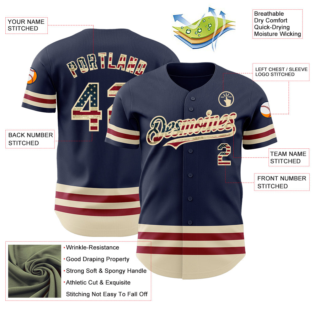 Personalized Navy Vintage USA Flag Cream-Maroon Line Authentic Baseball Jersey Team Custom Name and Number Personalized Vintage USA Flag Baseball Jersey - Custom Name & Number, Navy Cream-Maroon Line Team Jersey Personalized Navy - Image 3