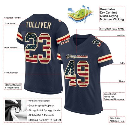 Custom Name and Number Personalized Vintage USA Flag Football Jersey - Navy Cream Mesh Authentic Team Jersey Personalized