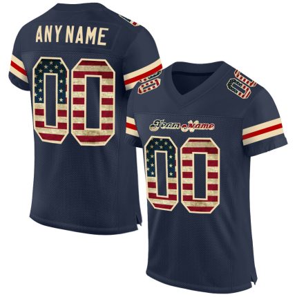 Custom Name and Number Personalized Vintage USA Flag Football Jersey - Navy Cream Mesh Authentic Team Jersey Personalized