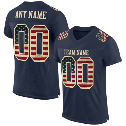 Personalized Vintage USA Flag Football Jersey - Cream Mesh - Navy Color Personalized Navy Vintage USA Flag-Cream Mesh Authentic