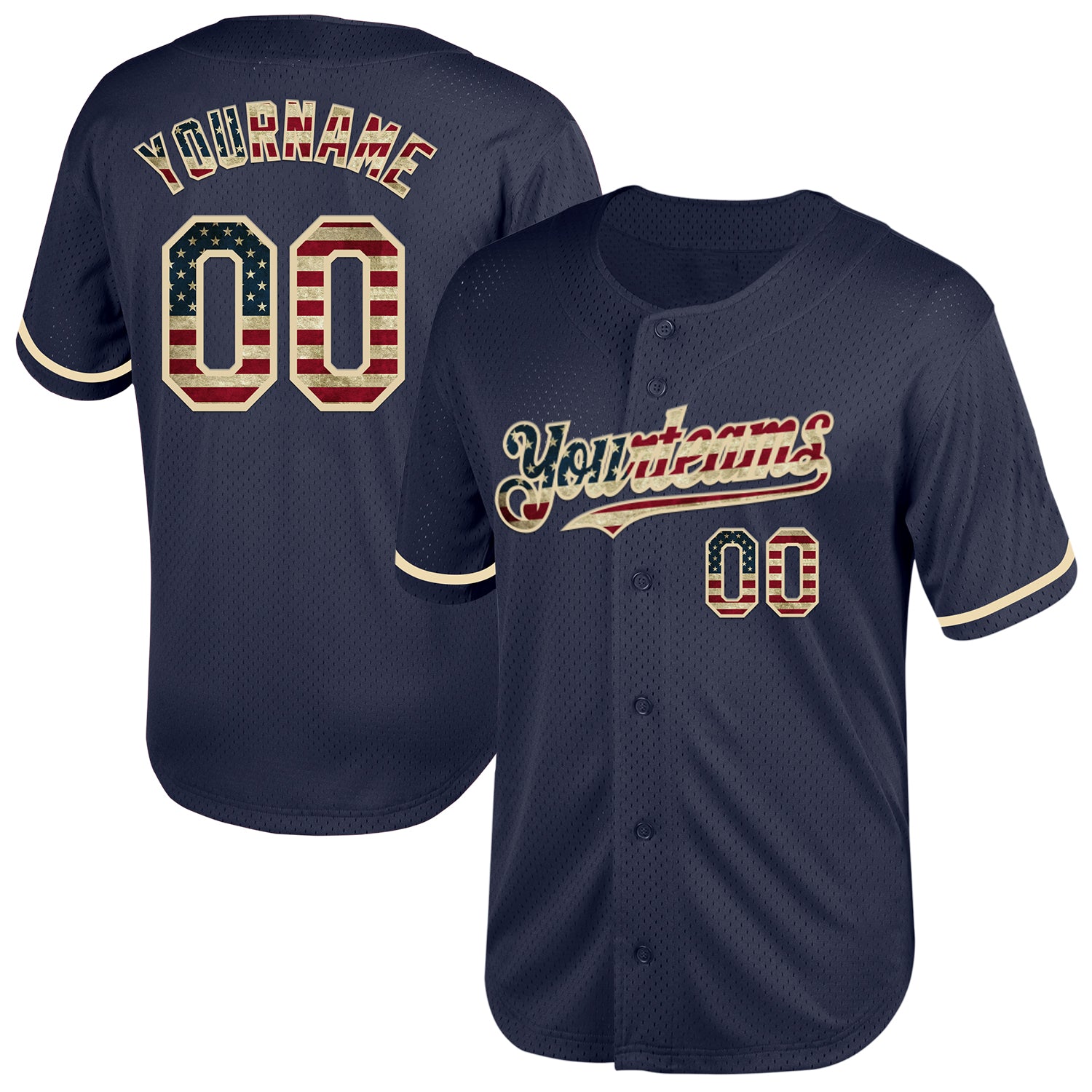 Custom Name and Number Vintage USA Flag Baseball Jersey - Personalized Cream Mesh Authentic Throwback Team Apparel Personalized