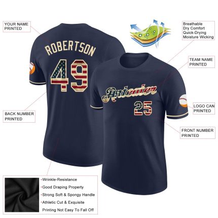 Personalized Vintage USA Flag T-Shirt with Custom Name & Number - Navy Cream Performance Tee Personalized Navy Vintage USA