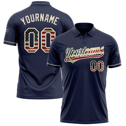 Custom Vintage USA Flag Navy Golf Polo Shirt - Personalized Cream Performance with Name and Number Personalized Navy Vintage