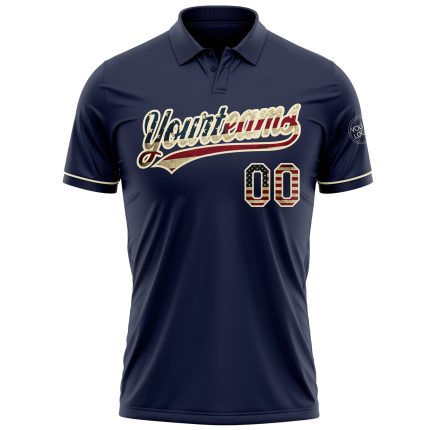Custom Vintage USA Flag Navy Golf Polo Shirt - Personalized Cream Performance with Name and Number Personalized Navy Vintage
