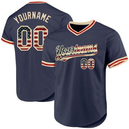 Personalized Vintage USA Flag Baseball Jersey Custom Name Number Navy Cream Red Personalized Navy Vintage USA Flag Cream-Red