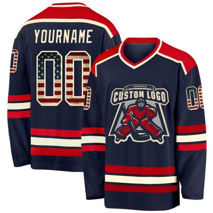 Personalized Vintage USA Flag Hockey Jersey with Custom Name and Number - Navy Cream-Red Team Apparel Personalized Navy Vintage