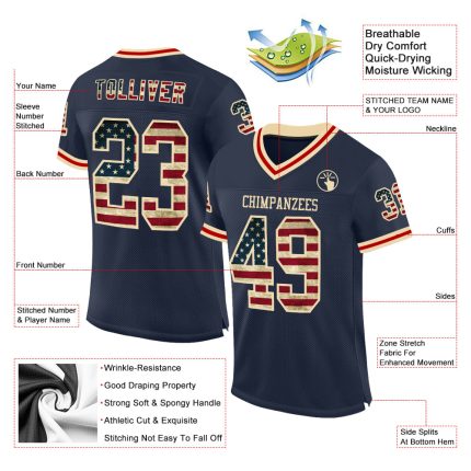 Personalized Vintage USA Flag Mesh Football Jersey with Custom Name and Number - Navy, Cream-Red Throwback Team Apparel Personalized