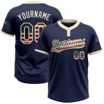 Custom Name and Number Navy Vintage USA Flag Softball Jersey - Unisex Two-Button Cream Personalized Navy Vintage USA Flag-Cream