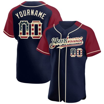 Custom Name and Number Vintage USA Flag Baseball Jersey - Personalized Navy Crimson-Cream Raglan Sleeves Personalized Navy