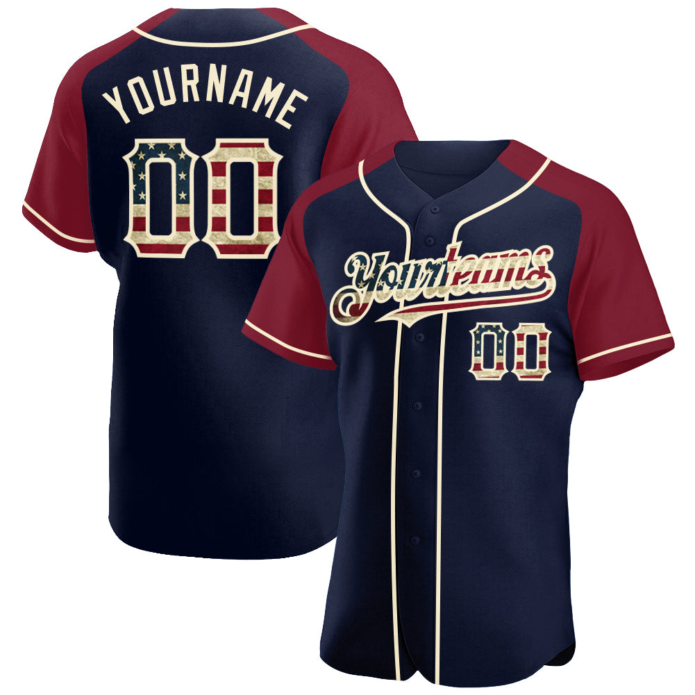 Custom Name and Number Vintage USA Flag Baseball Jersey - Personalized Navy Crimson-Cream Raglan Sleeves Personalized Navy