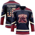 Custom Personalized Navy Vintage USA Flag Hockey Jersey with Lace Neck - Crimson-Cream Team Name and Number Personalized