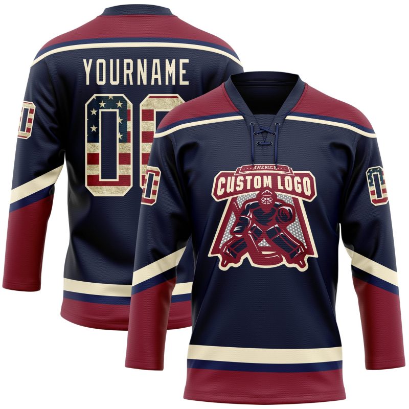Custom Personalized Navy Vintage USA Flag Hockey Jersey with Lace Neck - Crimson-Cream Team Name and Number Personalized