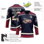 Custom Personalized Navy Vintage USA Flag Hockey Jersey with Lace Neck - Crimson-Cream Team Name and Number Personalized