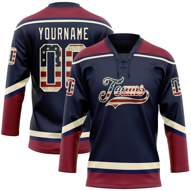 Custom Personalized Navy Vintage USA Flag Hockey Jersey with Lace Neck - Crimson-Cream Team Name and Number Personalized