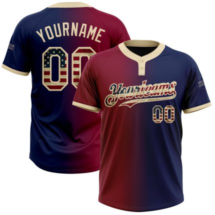 Custom Name Number Vintage USA Flag Jersey Unisex Softball Maroon-City Cream Gradient Two-Button Fashion Team Personalized