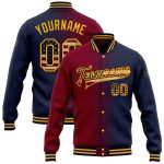 Custom Name and Number Vintage USA Flag Bomber Jacket Maroon-Gold Varsity Letterman Full-Snap Fashion Attire Personalized