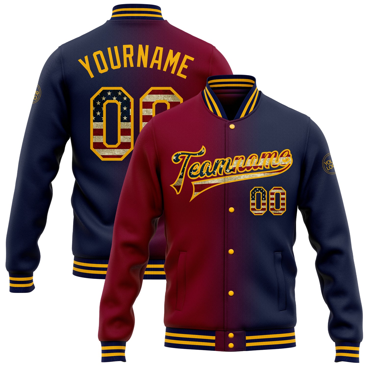 Custom Name and Number Vintage USA Flag Bomber Jacket Maroon-Gold Varsity Letterman Full-Snap Fashion Attire Personalized