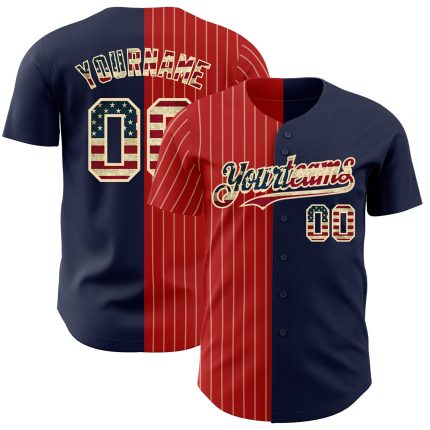 Personalized Vintage USA Flag Baseball Jersey with Custom Name & Number, Navy Red-Cream Pinstripe Team Apparel Personalized