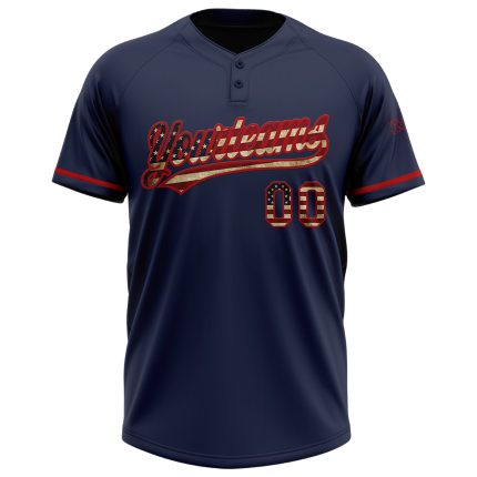 Custom Navy Vintage USA Flag Softball Jersey with Name & Number - Red Two-Button Unisex Apparel Personalized Navy Vintage