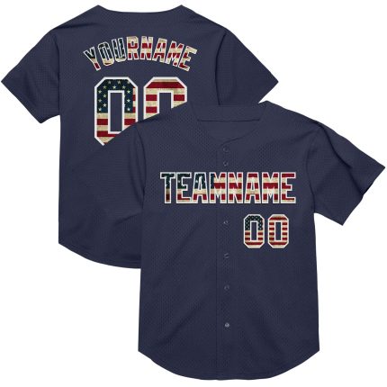 Personalized Vintage USA Flag Baseball Jersey Custom Name and Number - Navy White Mesh Authentic Team Apparel Personalized