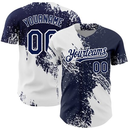 Custom Name and Number Authentic Baseball Jersey - Personalized Navy White 3D Abstract Brush Stroke Design Personalized Navy