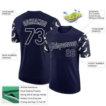 Custom Name and Number Personaized 3D Pattern Crane T-Shirt Navy White Performance Shirt for Team Personalized Navy White