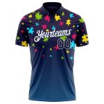 Autism Awareness 3D Puzzle Pieces Performance Golf Polo Shirt - Personalized Navy White Team Shirt with Custom Name & Number
