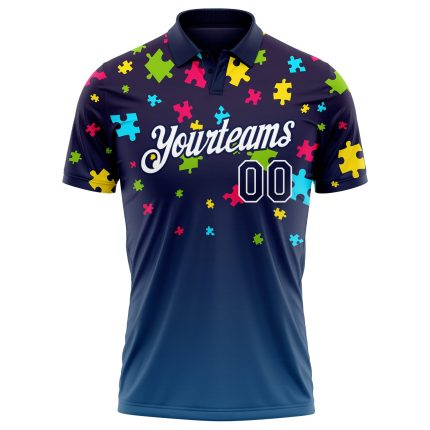 Autism Awareness 3D Puzzle Pieces Performance Golf Polo Shirt - Personalized Navy White Team Shirt with Custom Name & Number