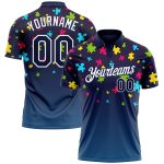 Autism Awareness 3D Puzzle Pieces Performance Golf Polo Shirt - Personalized Navy White Team Shirt with Custom Name & Number