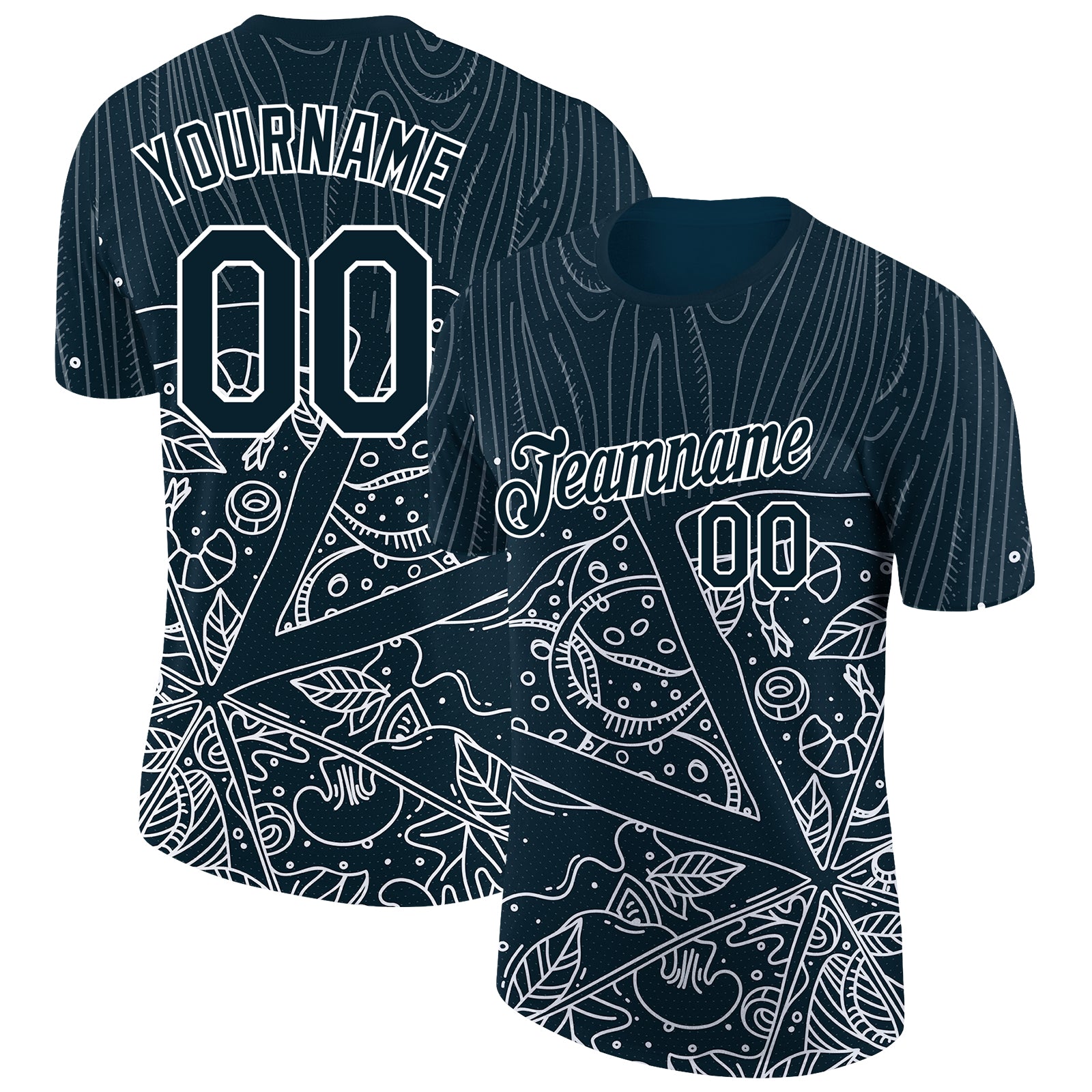 Custom Name and Number Personalized 3D Pattern Performance T-Shirt for Teams - Navy White Pizza Design Personalized Navy